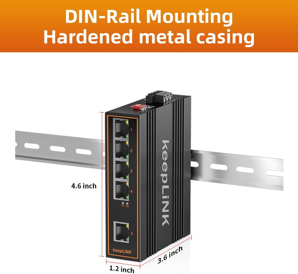 5 Port Industrial PoE Switch Unmanaged, 125W Fast Ethernet Din Rail Switch, IP40, Operating Temperature Range of -30° – 75°C (-22° – 167°F)