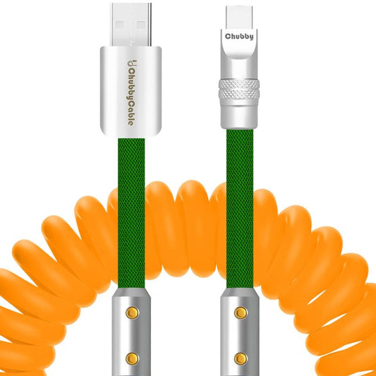 chubbycable Colorblock Chubby - Spring Braided Silicone Charge Cable Coiled USB C Cable Fast Charging Type C Charger Cord for Car, Orange+Green, USB-A to Type-C, 2.29FT-3.6FT