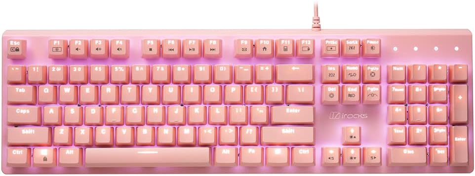 i-rocks K75M Illuminated Mechanical Keyboard, 104 Keys, PBT Keycaps, Backlit LED Light and Shortcut Keys - Programmable Light & Macro Recorder (Cherry MX Red Switch, Pink)