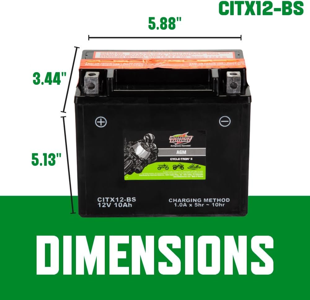 Interstate Batteries YTX12-BS 12V 10Ah Powersports Battery 175CCA AGM Rechargeable Replacement for Honda, Kawasaki, Suzuki Motorcycles, Scooters, Bikes, ATVs, UTVs (CITX12-BS)