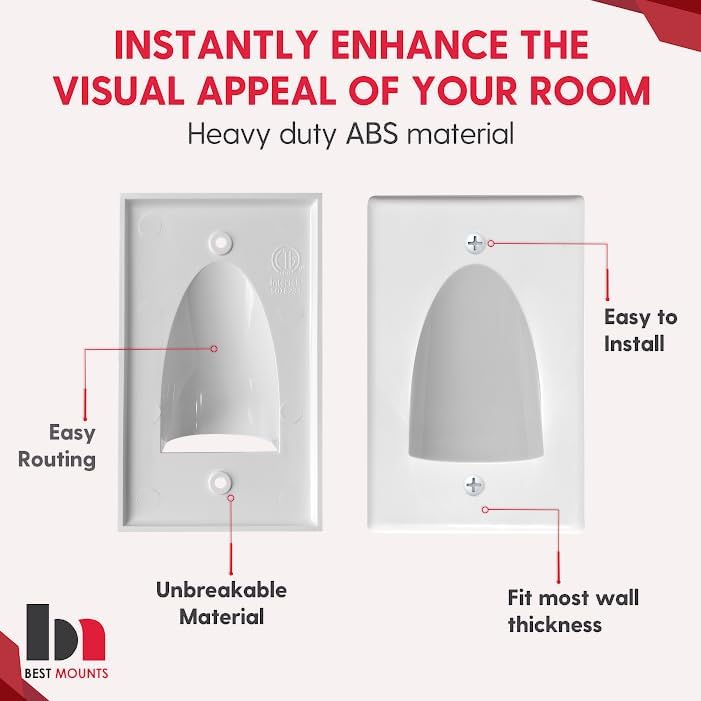 2 Pack In Wall Cable Management Kit - Recessed Wall Plate Cable Pass Through Pair with Single Gang Low Voltage Mounting Bracket Black- TV Cord Hider for Wall Mounted TV ETL Listed