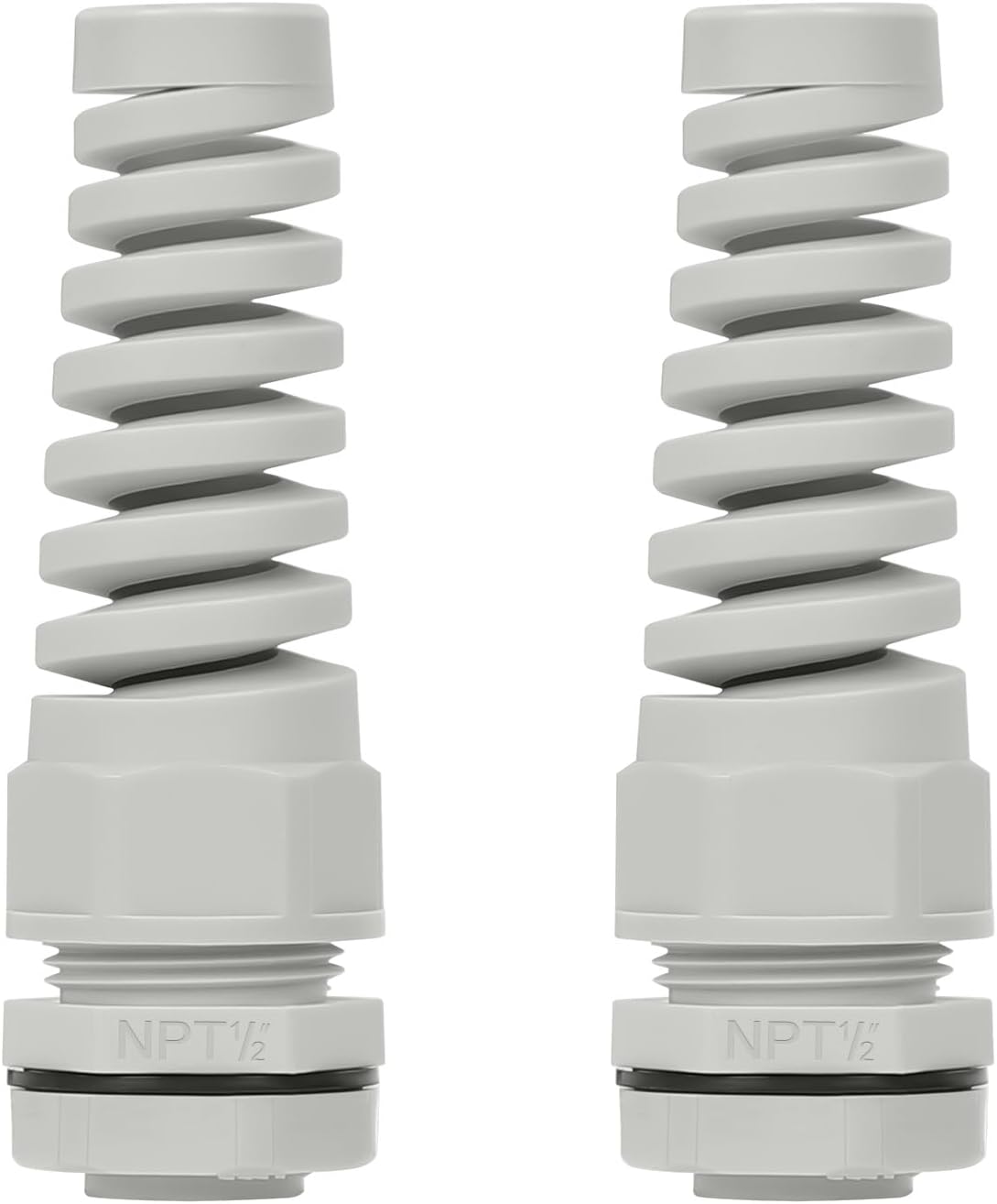 LeMotech 2Pcs NPT 1/2" IP68 Waterproof Cable Gland Flex Spiral Strain Relief Grey Nylon Joint with Gaskets for 6-12mm Wire Thread