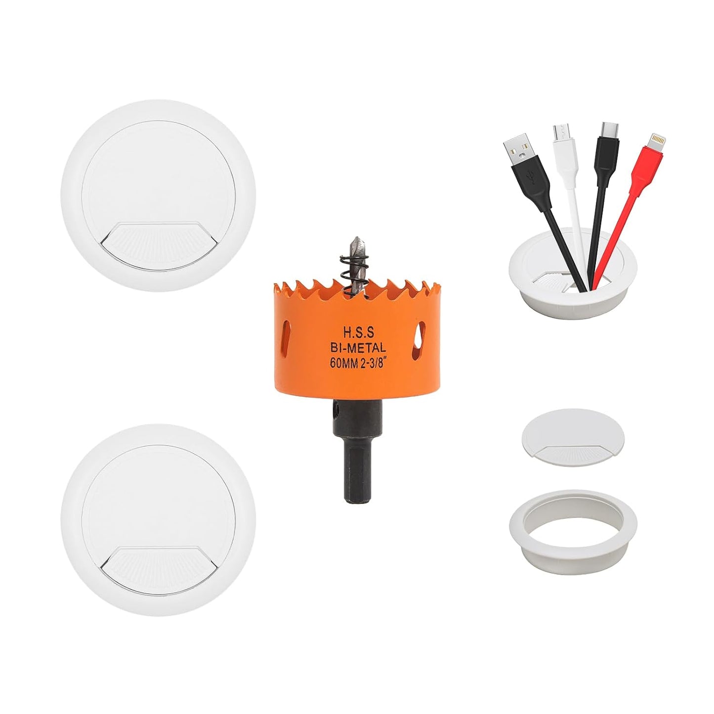 Desk Grommet 2-3/8 inch with Hole Saw, Desk Cord Hole Cover Grommet for Cables, 2 PCS, White