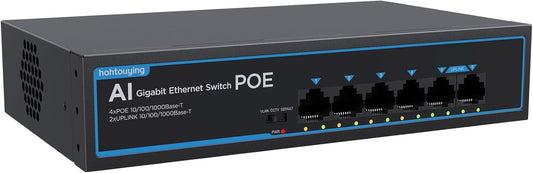 4 Port Gigabit PoE Switch with 2 Gigabit Uplink, 1000Mbps, 802.3af/at, 65W Built-in Power, Vlan, Unmanaged Metal Plug and Play, Ideal for NVR and Power Over Ethernet Security Cameras