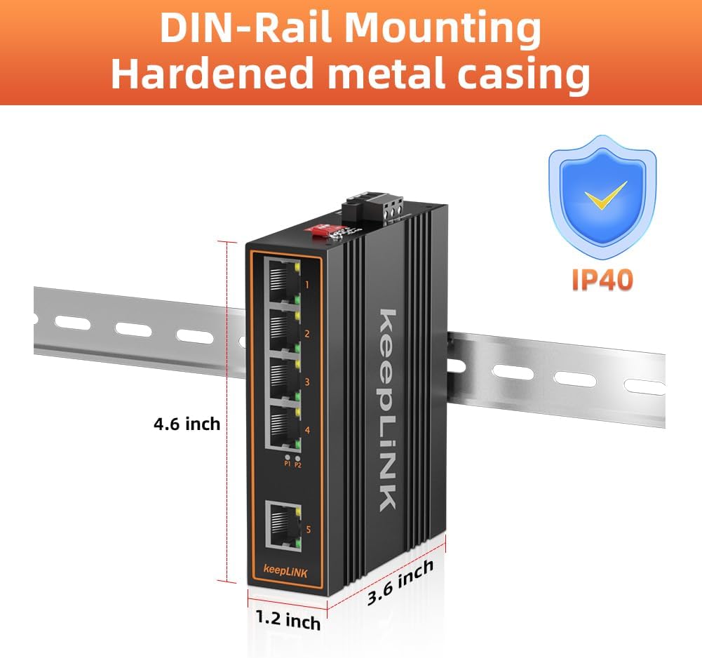 5 Port Gigabit Industrial PoE Switch Unmanaged, 125W Ethernet Din Rail Switch, IP40 Operating Temperature Range of -30° – 75°C (-22° – 167°F)