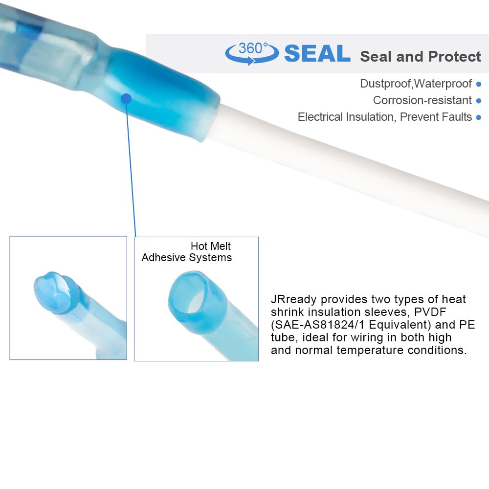 JRready ST6385-16-50 MiniSeal Crimp Splice 50Sets Blue Butt Splice Connectors 20-16 AWG (M81824/1-2) Wire-to-Wire Heat Shrink Butt Connector with Alternative Temp. PVDF/PE Tubes