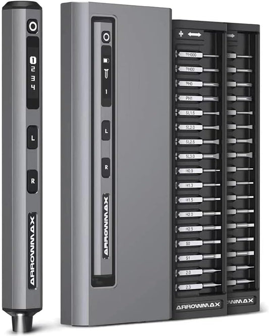 AM ARROWMAX Mini Electric Screwdriver, 4 Torque Settings Precision Screwdriver w/ 34 Magnetic Bits, Magnetic Storage, 5/32''Hex, Repair Tool Set for Phone Camera Laptop Watch (SES) Gray