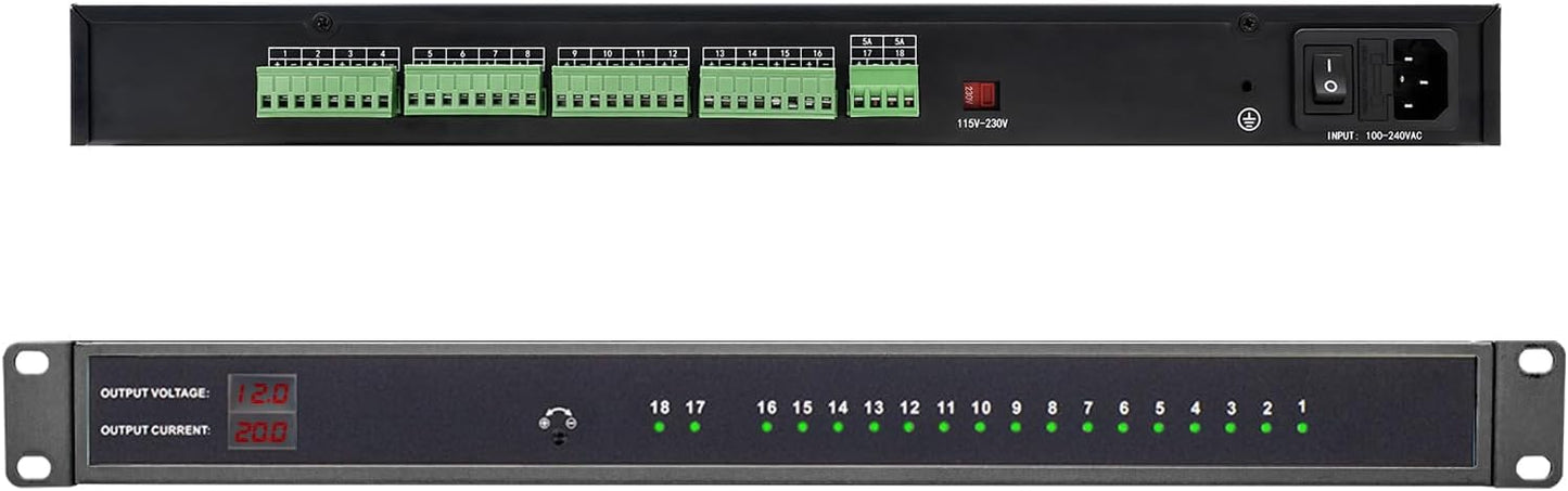 1U 18-Channel Rack Mount Power Supply – 12V 20A DC Output with Reset Fuse, 4 ft Replaceable AC Cord. Ideal for Security Cameras, DVRs, CCTV Systems, by UltraPoE