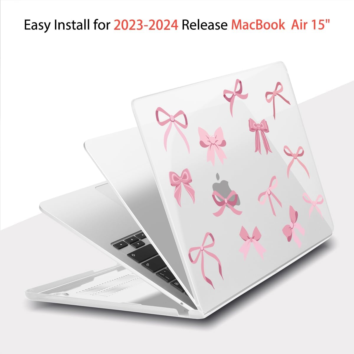 Teryeefi for M4 M3 M2 MacBook Air 15 inch Case 2025 2024 2023 Release fits Model A3241 A3114 A2941, Design Hard Shell Cover & Keyboard Cover & Screen Protector & OTG Adapter - Cute Pink Bows
