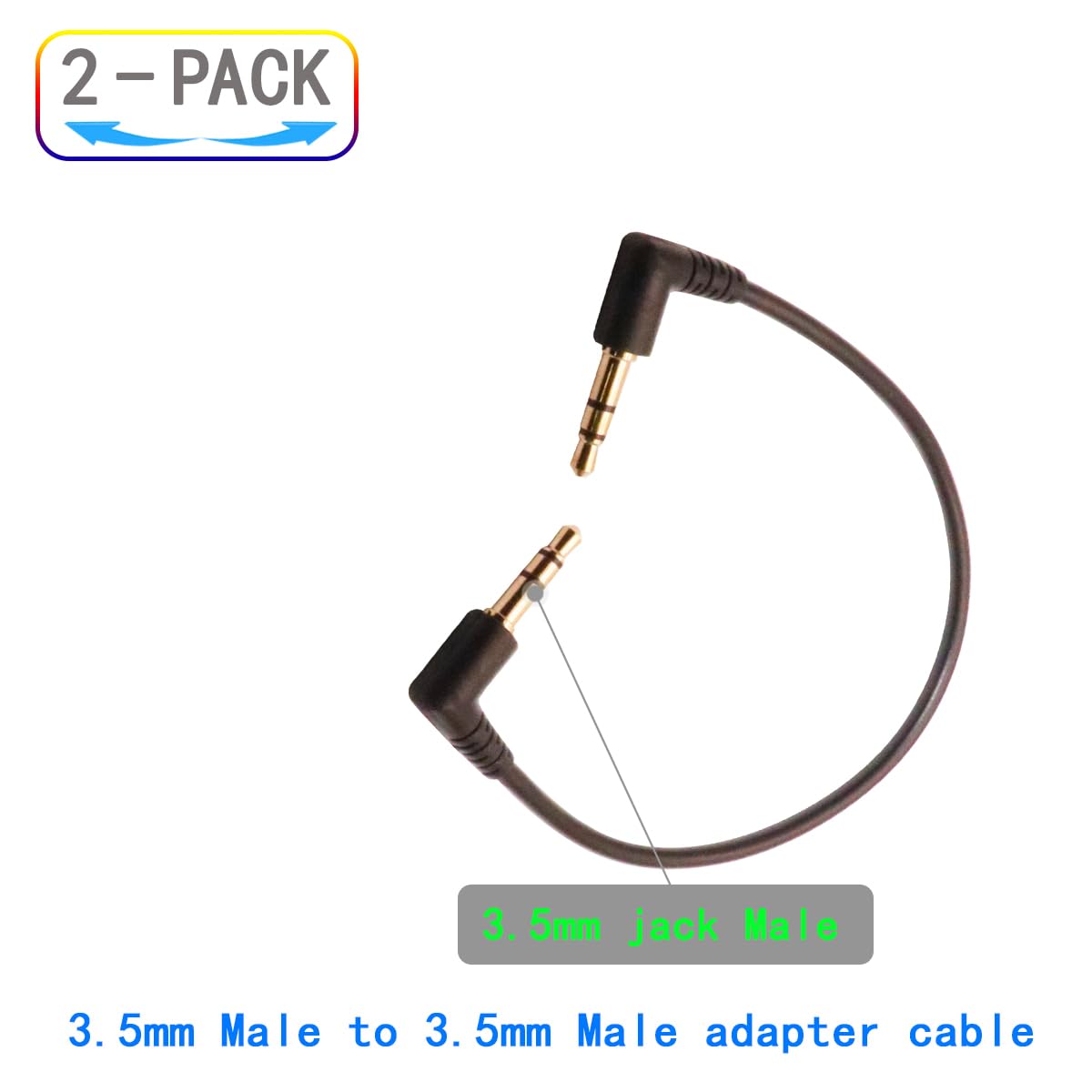 3.5mm Male to Male Audio Cable, Right Angle Auxiliary Cord, 195mm Length, 2-Pack, Gold-Plated Connectors