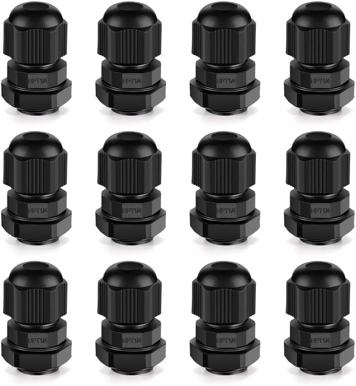 Cable Gland 12 Pack 1/4" NPT Waterproof Adjustable Connector Strain Relief Cord Connectors Joints Nylon with Gaskets…