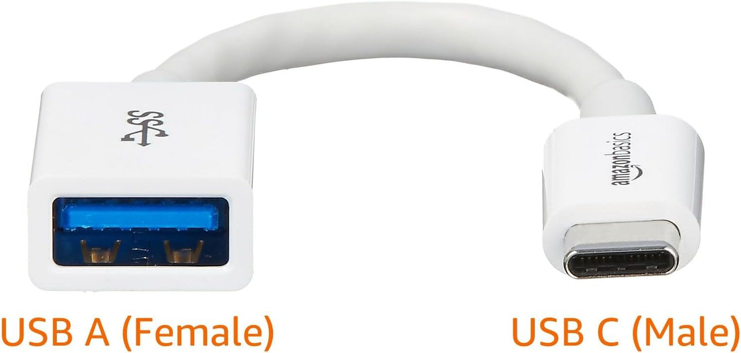 Amazon Basics USB-C to USB-A 3.1 Gen1 Female Adapter Cable Converter, 5Gbps High-Speed, USB-IF Certified, for Laptops, Tablets, Phones (iPhone 16/15), White
