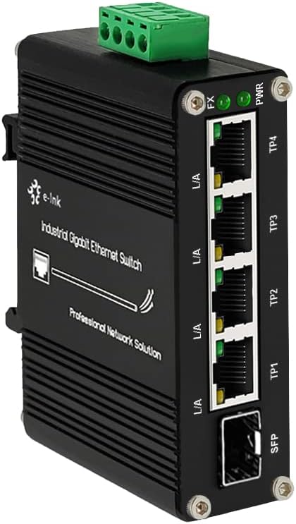 Mini Industrial 4 Port 10/100/1000Mbps Gigabit Ethernet Switch with SFP Din Rail/Wall-Mount 10/100/1000BASE-T RJ45 + 1 100/1000FX (SFP) Support 12-48V DC 10Gbps Switching Capacity