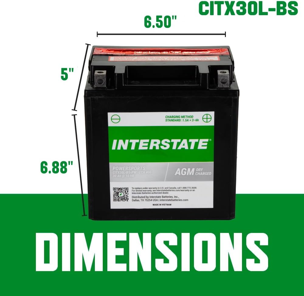 Interstate Batteries YIX30L-BS 12V 30Ah Powersports Battery 400CCA High-Performance AGM Rechargeable Replacement for Harley, Polaris, BMW Motorcycles, ATVs, UTVs, Snowmobiles (CITX30L-BS)