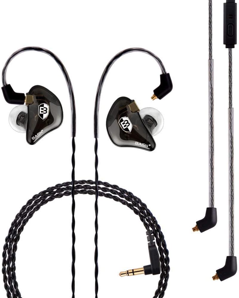 BASN Professional in Ear Monitor Headphones for Singers Drummers Musicians with MMCX Connector IEM Earphones (Pro Clear Black)