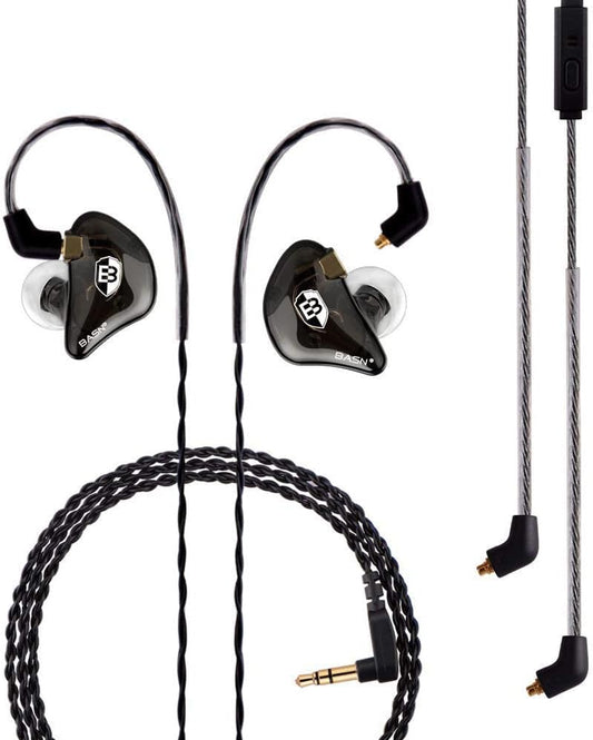 BASN Professional in Ear Monitor Headphones for Singers Drummers Musicians with MMCX Connector IEM Earphones (Pro Clear Black)