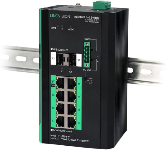 LINOVISION Industrial 8 Ports Gigabit Managed PoE Switch with DC12~57V Input, L2 Management, RS485 Serial Port, DC 12/24V Output, BT 90W Output