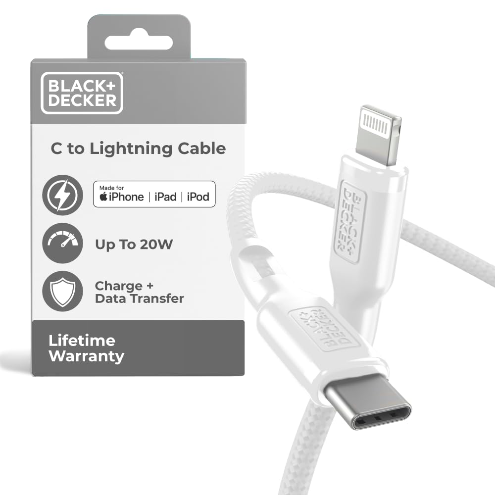 BLACK+DECKER USB C to Lightning Cable - Fast Compatible iPhone Lightning Cable - Durable Braided Type C iPhone Charger Cord - for Travel and Daily Use - Multiple Colors and Lengths - 3ft