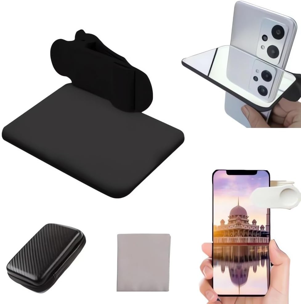 2024 Smartphone Camera Mirror Reflection Clip Kit -【New Version】 Smartphone Selfie Reflector, Adjustable Mobile Phone Reflection Camera Clip, Mirror Reflection Phone Clip for All Phones (1PC-Balck)