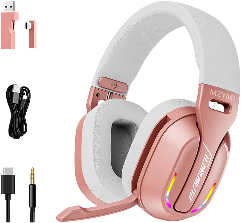 2.4GHz Wireless Gaming Headset for PC, PS5, PS4, Switch - Bluetooth 5.4, 20H Battery, with ENC Noise Canceling Microphone, Cool Lighting, 40mm Drivers,for Wired Mode Xbox Series -Rose Gold