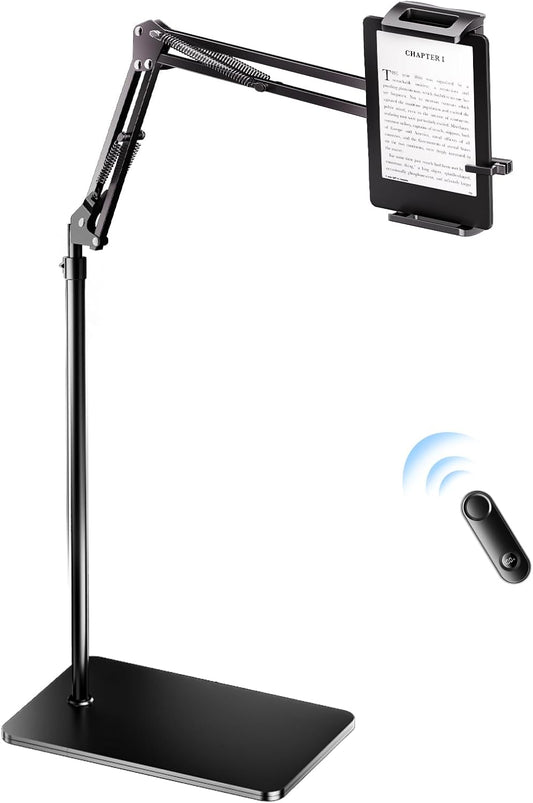 Floor Stand for Kindle with Remote Page Turner, Holder Stand for Reading in Bed with Clicker – for Kindle Paperwhite, Oasis,Tablet, iPhone and More 4.7-11 inch, Black Remote