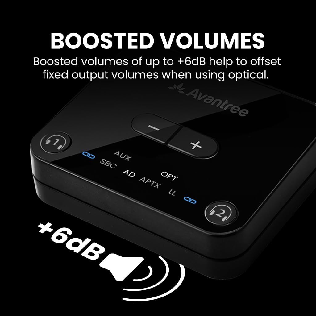 Avantree Audikast 3 – Bluetooth 5.3 Transmitter for TV Audio via Optical & AUX Outputs, aptX Adaptive, Dual Headphone Connection, 100ft Range