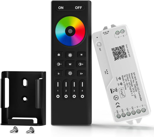 BTF-LIGHTING 2.4G WiFi DR03W RGB SPI Controller RC03RF RF Remote Tuya APP/Smart Life/Google Home/Alexa Control Support WS2812B WS2811 WS2813 WS2815 etc LED Strip STA Mode