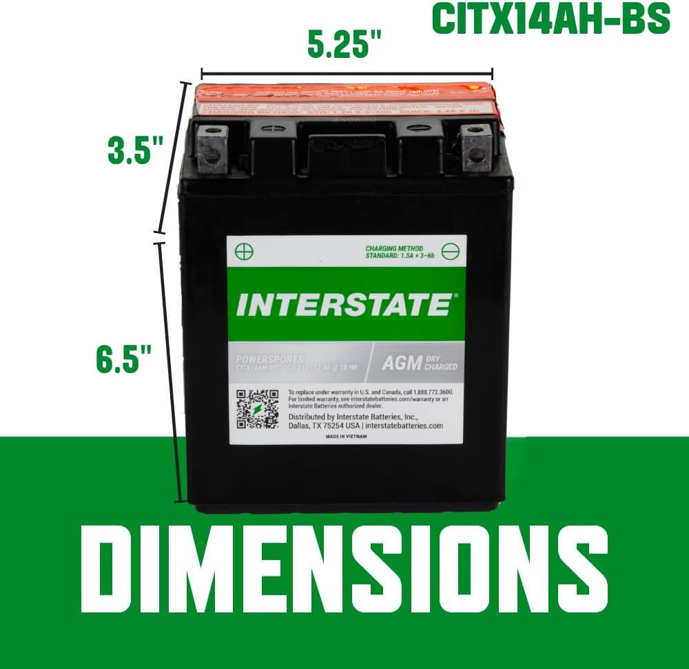 Interstate Batteries YTX14AH-BS 12V 12Ah Powersports Battery 210CCA High-Performance AGM Rechargeable Replacement for Kawasaki, Polaris, Yamaha ATVs, UTVs, Snowmobiles, Motorcycles (CITX14AH-BS)