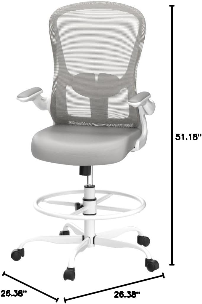 Drafting Chair, Tall Office Chair with Flip-up Armrests Executive Ergonomic Computer Standing Desk Chair, Office Drafting Chair with Lumbar Support and Adjustable Footrest Ring