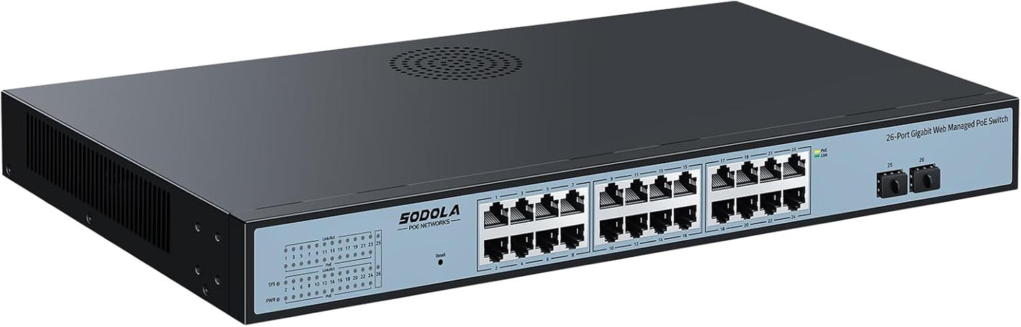 SODOLA 24 Port PoE Gigabit Managed Switch 400W,24 GE PoE Port,2 GE Uplinks, IEEE802.3af/at, 19 inch RackMount, Static Link Aggregation/QoS/VLAN/IGMP Managed Network PoE Switch