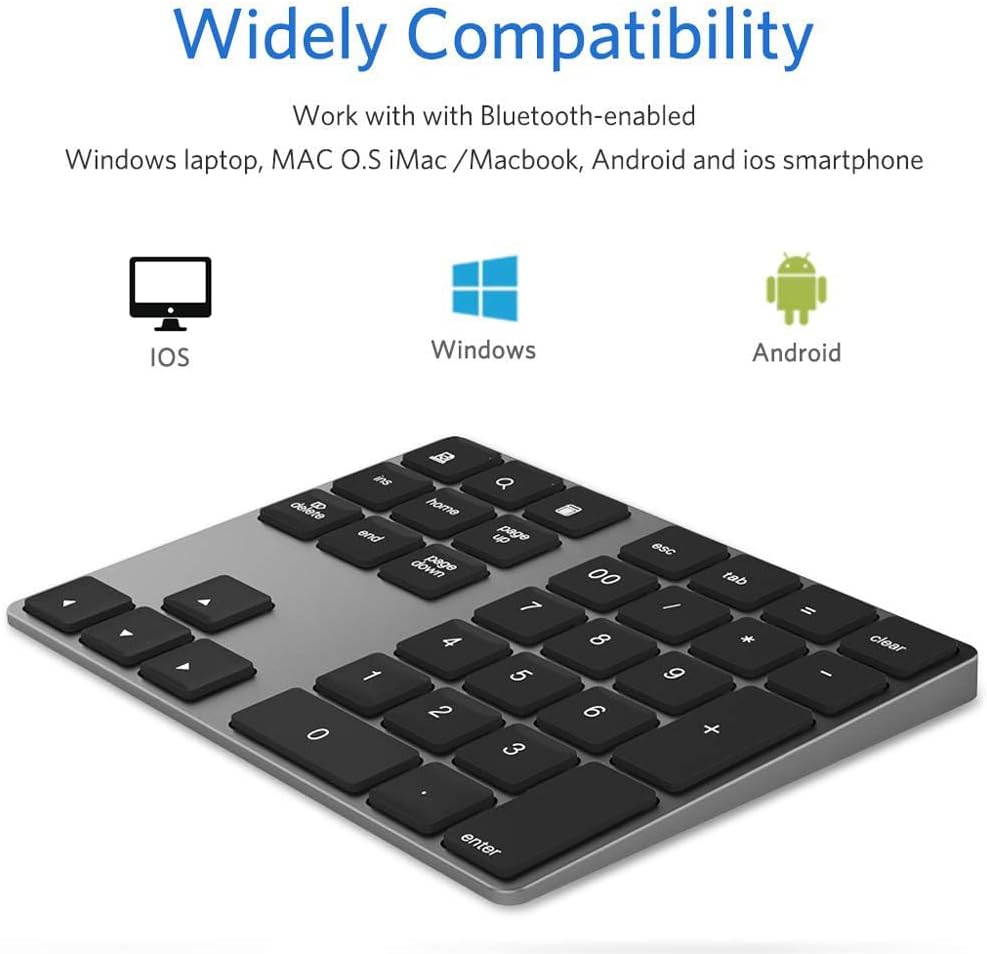 Bluetooth Number Pad, Wireless Numeric Keypad, USB-C Rechargeable External 34-Keys Numpad, Financial Data Entry Keyboard for iMac, MacBook Air/Pro, PC Desktop, Laptop Notebook