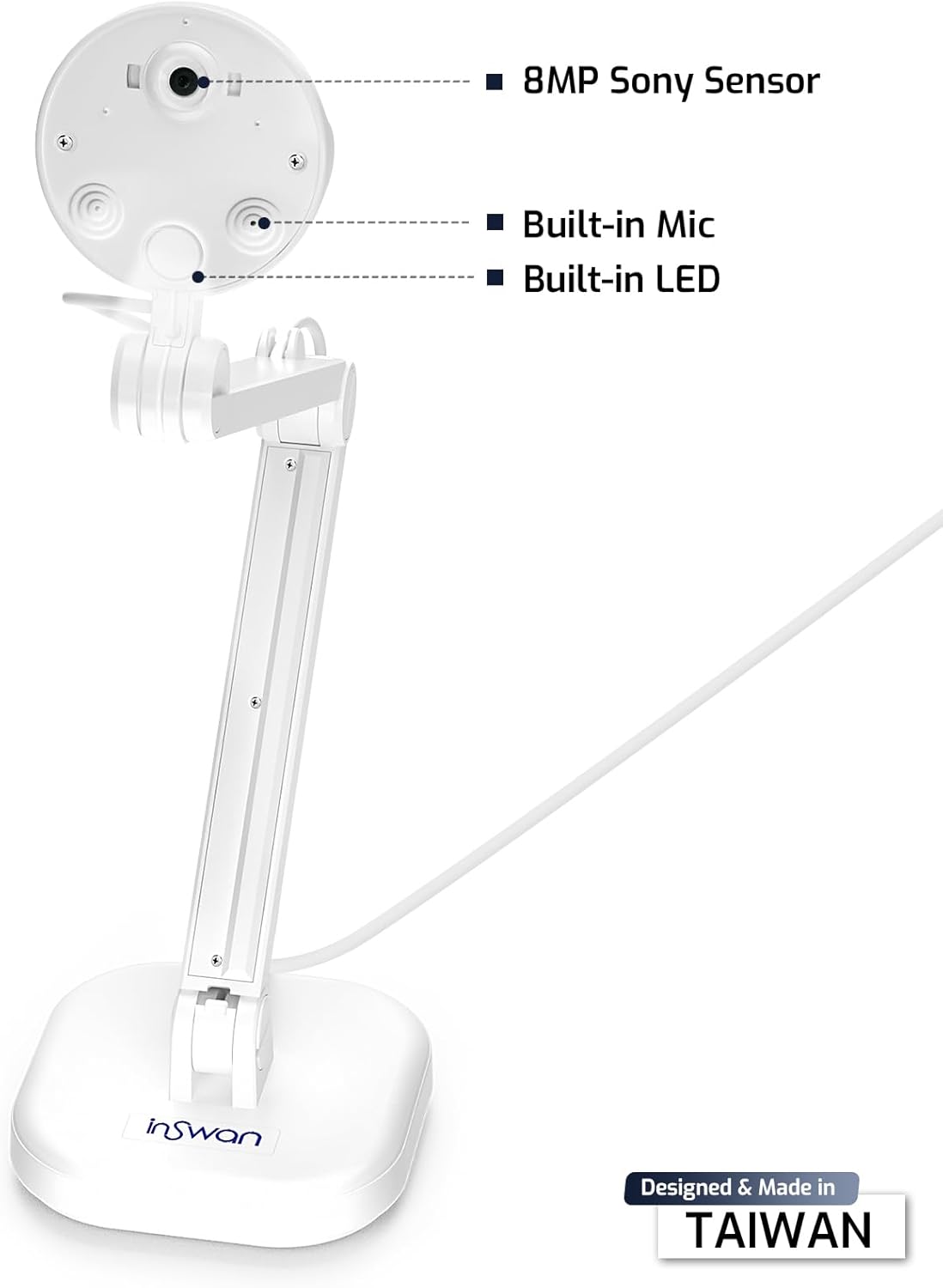 INS-1 USB Document Camera — 8MP Ultra HD, Auto Focus, LED Light, Built-in Microphone, Mac OS, Windows, Chromebook Compatible for Distance Learning, Remote Teaching, Web Conferencing, Live Demo