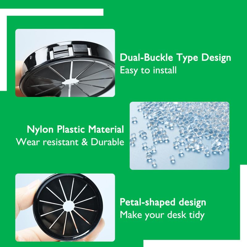 4PCS Cable Grommets, 2-5/8"(70mm) Desk Hole Cover Petal Shaped Buckle Type Nylon Snap Bushing Grommet, Wire Hole Cover Insert for Cables and Cords Management and Protection of Cabinet, Black