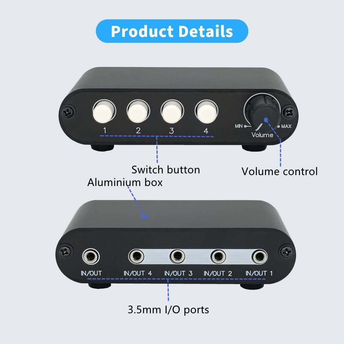4-Way 3.5mm Stereo Audio Switch Input Signal Source Switcher Selector Splitter Box with line Volume Controller (4 in 1 Out / 1 in 4 Out) -MC41