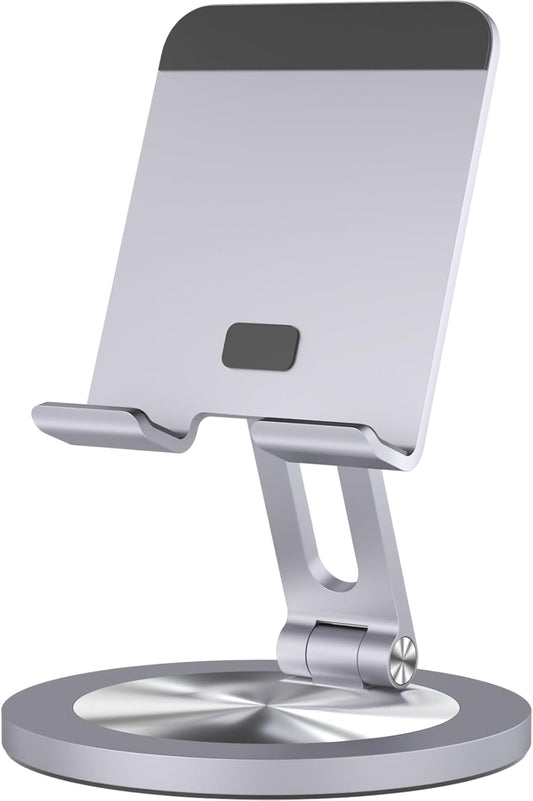 360 Rotating Phone Stand for Desk, Dual-Adjustable Foldable Aluminum Desktop Phone Holder Compatible with iPhone 16 15 14 13 12 11 Series, iPad-Mini, 4-8" All Phones (Grey)
