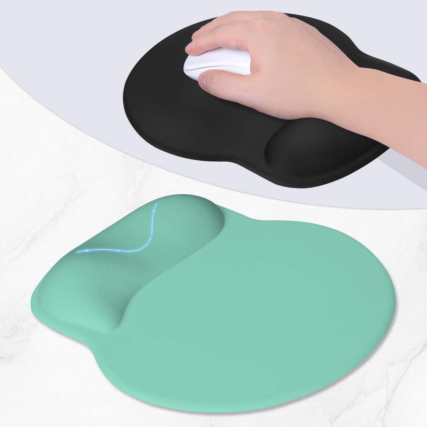 ITNRSIIET Ergonomic Mouse Pad with Wider Memory Foam Wrist Rest +17%, Curved Cushion Reduces Pressure 20%, Pain Relief, Non-Slip, Smooth, Cute Color Desk Accessory, 9.85 x 9 inch, Mint Green