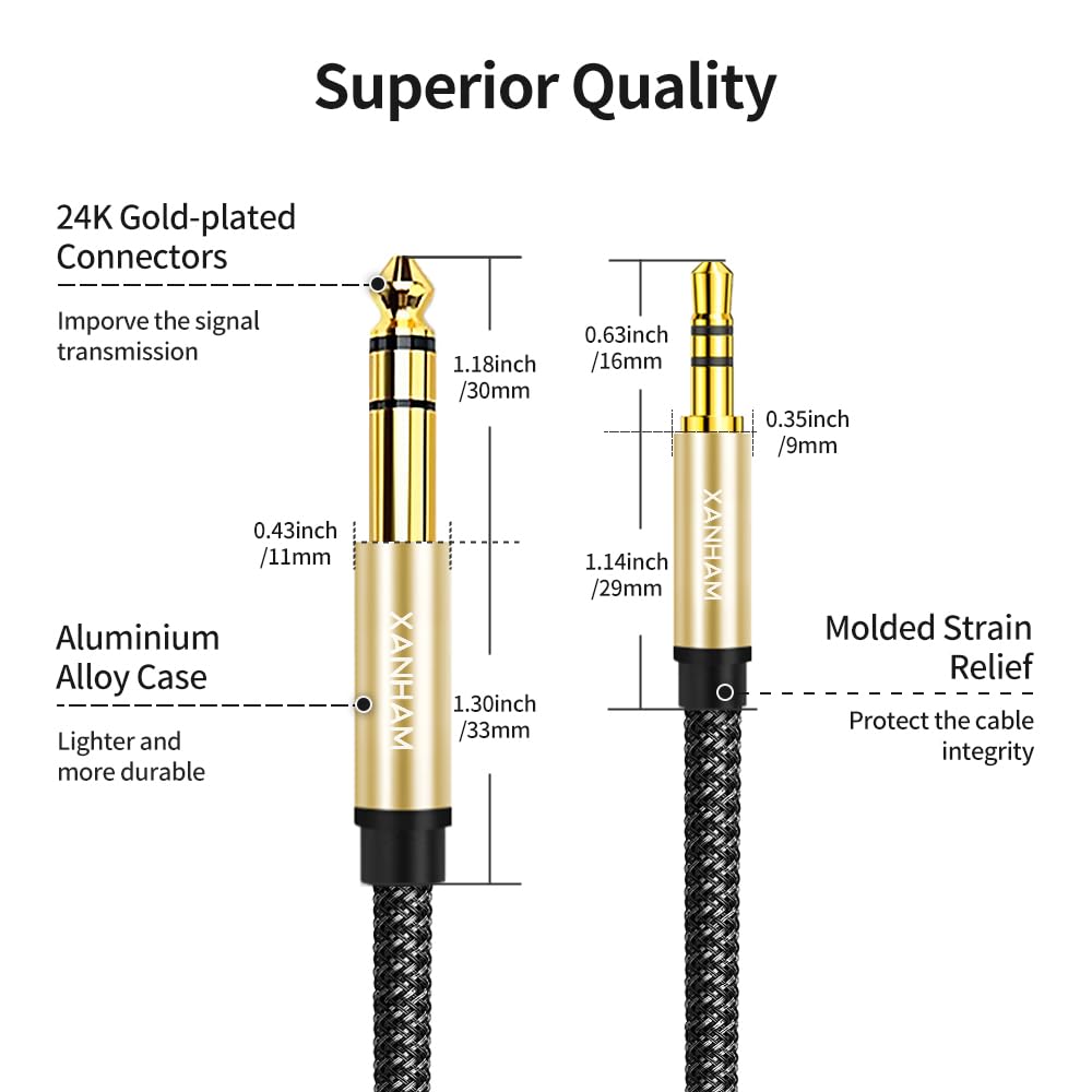 3.5mm to 1/4 Stereo Audio Cable 25 Feet /8M, 1/8" to 6.35mm 1/4" TRS Male Aux Cord Double Shielded with Braiding for Guitar, Amplifiers, PC, Home Theater, Speaker, etc.