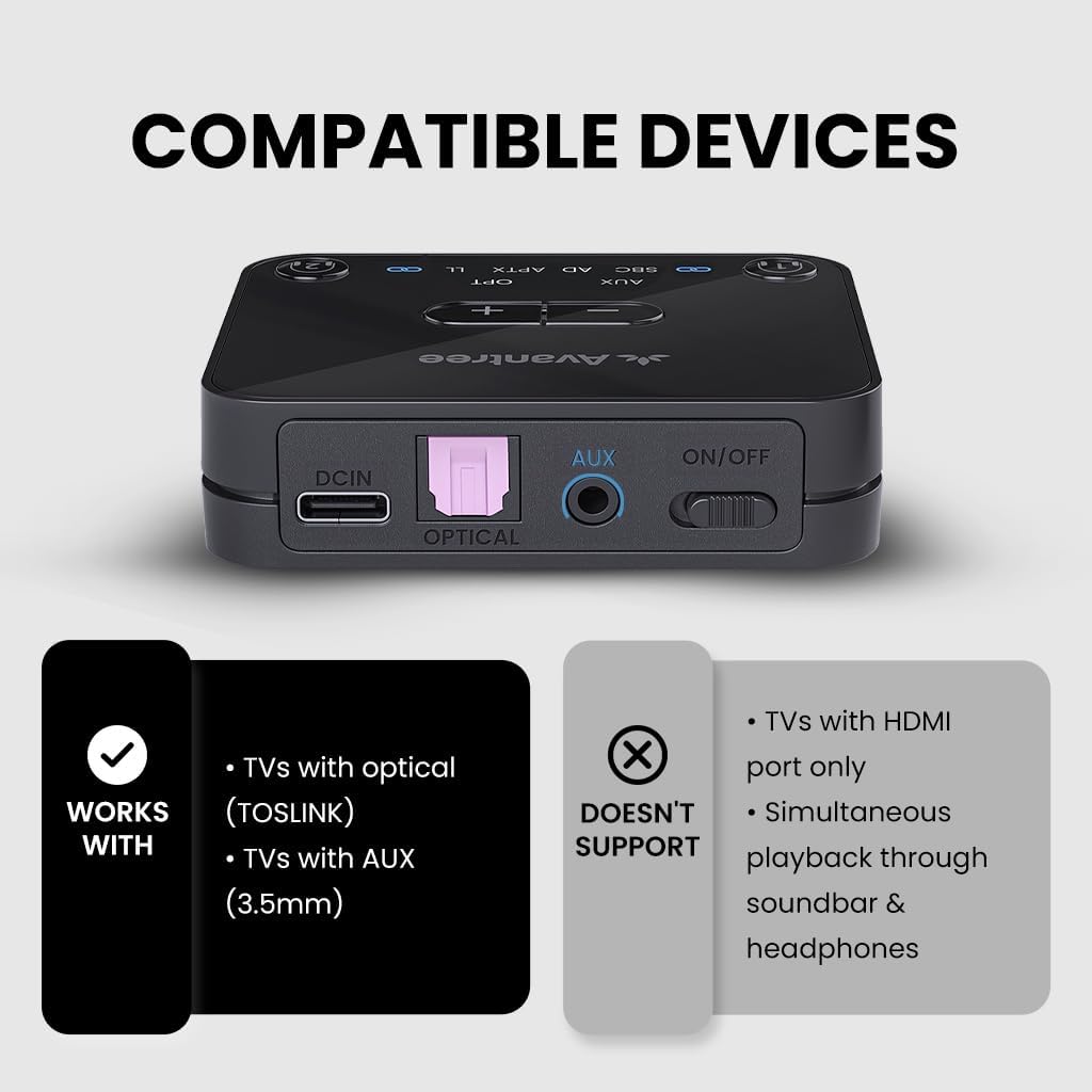 Avantree Audikast 3 – Bluetooth 5.3 Transmitter for TV Audio via Optical & AUX Outputs, aptX Adaptive, Dual Headphone Connection, 100ft Range