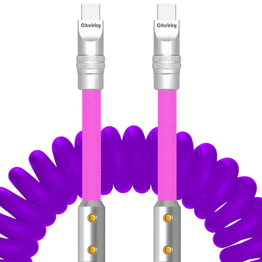 chubbycable Colorblock Chubby - Spring Braided Silicone Charge Cable Coiled USB C Cable Fast Charging Type C Charger Cord for Car, Purple+Pink, Type-C to Type-C, 2.29FT-3.6FT