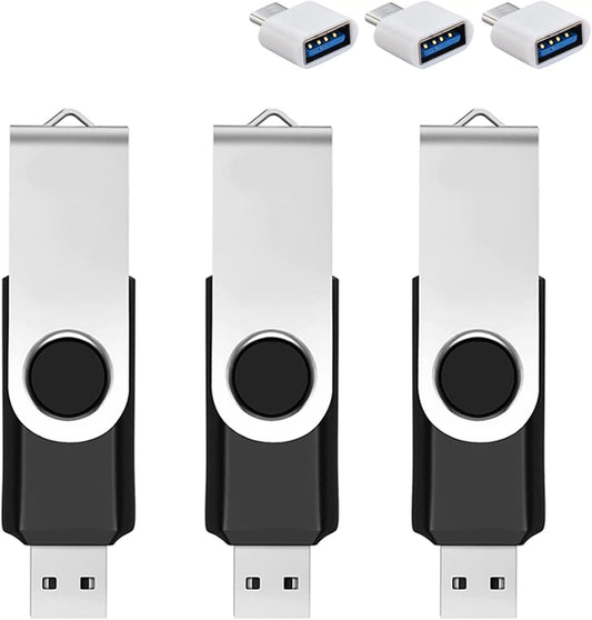 3 Pack 128GB USB Flash Drive with Type C Adapter and Storage Box USB 2.0 High Speed Metal Pen Drive 360° Rotatable Storage Memory Stick for Phone/Pad/PC/Laptop/Android - Black(3-Pack 128GB)