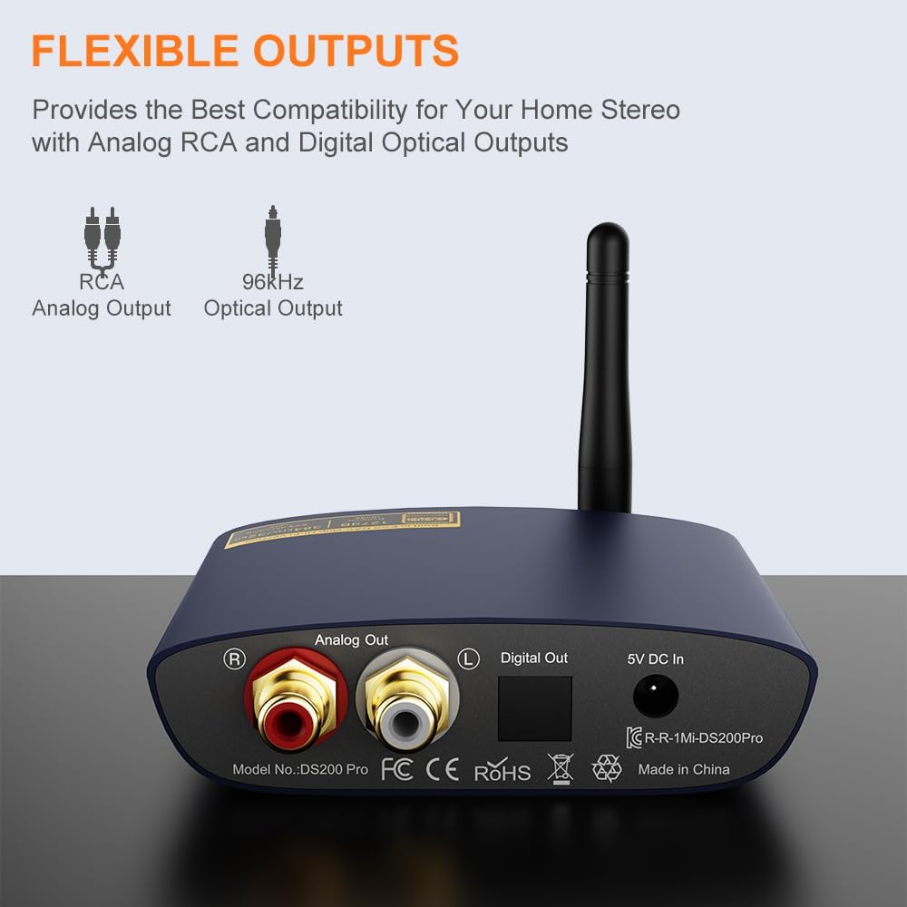 1Mii HiFi Bluetooth 5.3 Music Receiver for Home Stereo with LDAC, Bluetooth Audio Adapter with Audiophile DAC aptX HD, RCA Optical Output for AV Receiver or Stereo Amplifier - DS200Pro Blue