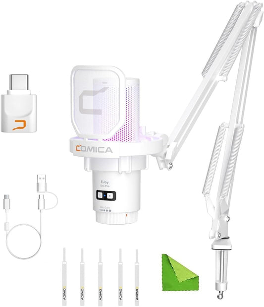 COMICA Wireless USB Microphone for Computer and Smartphone,48kHz/24bit RGB Cardioid Condenser Gaming Mic for Podcasting,Streaming,Recording,Music Creation,with Boom Arm Stand-White (EJoy Uni Pro A)