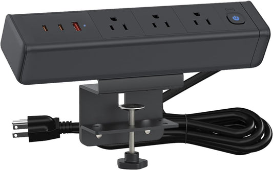 Desk Clamp Power Strip with 65W USB-C&USB A Ports 3 AC Outlet, Nightstand Edge Mount Charging Station Power Strip with USB-C Ports Tabletop Surge Protector for Home Office, Dorm Room(Black)