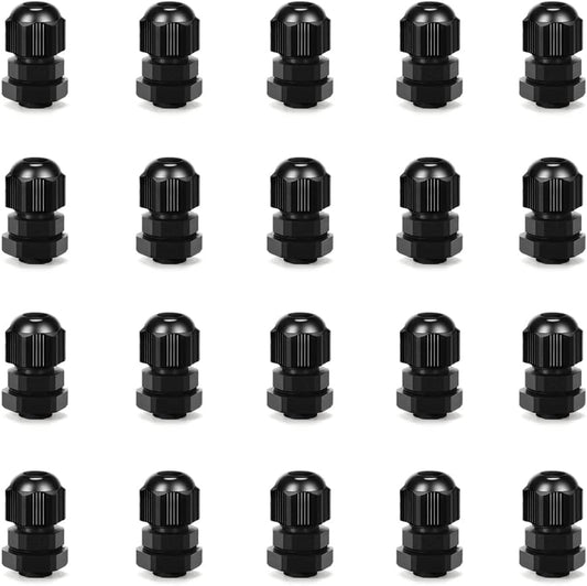 Cable Gland 20 Pack Plastic Waterproof Adjustable Connector 3-7mm PG7 Strain Relief Cord Connectors Joints Nylon with Gaskets
