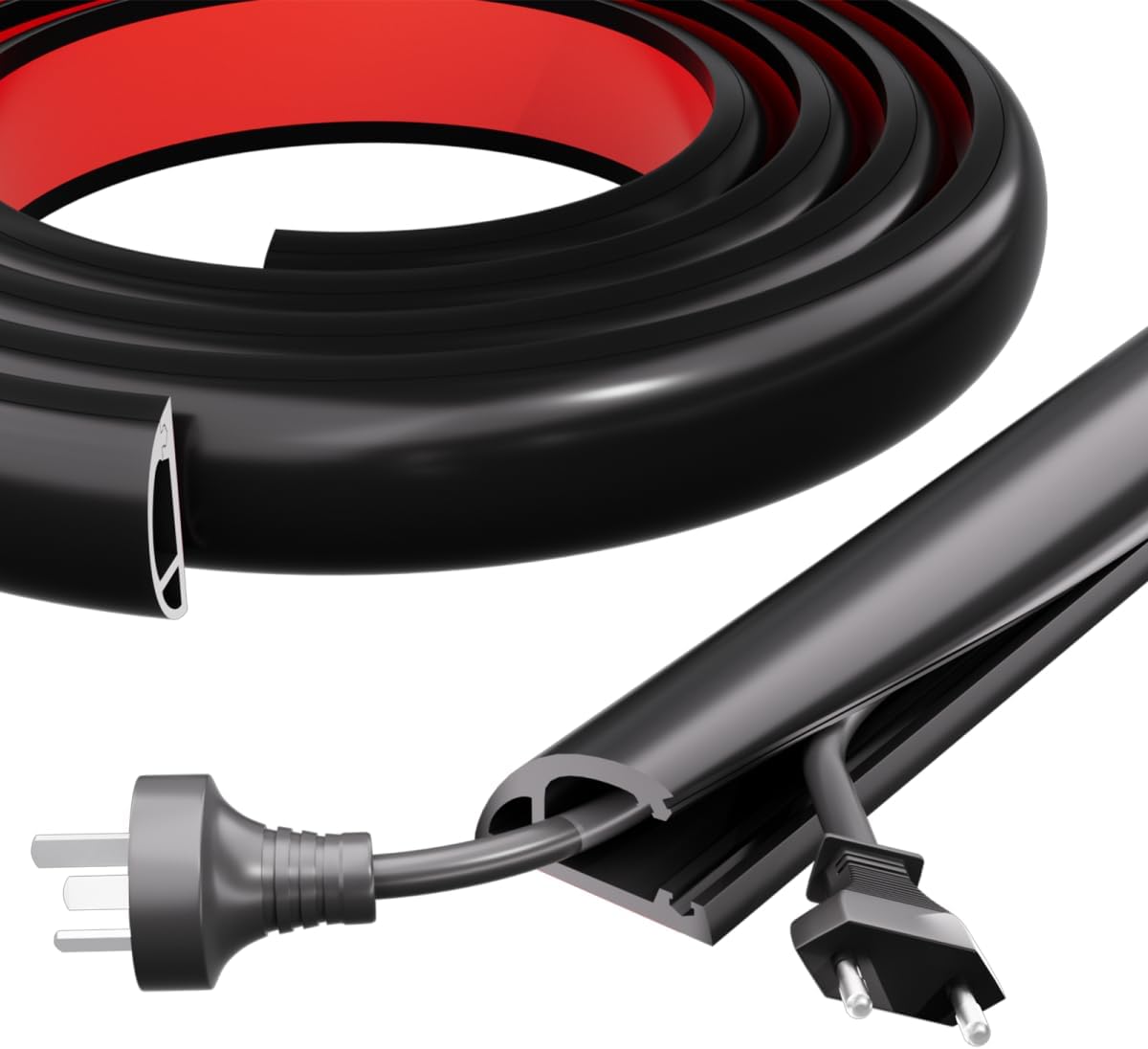 4FT Side-Open Extension Cord Covers for Wires on Floor,Silicone Power Cable Protector Cord Hider Management Strip,Hide Electric Wire on Carpet,Chord Runner Protective Safety Wiremold,Black