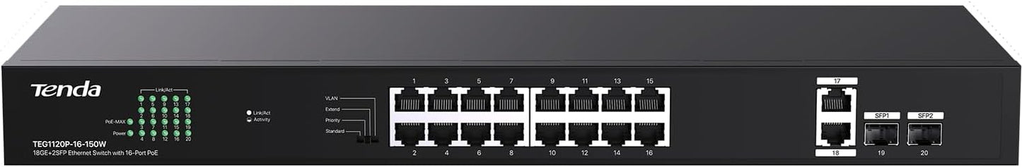 Tenda TEG1120P 16 Port 150W PoE Switch, Compatible with IEEE 802.3af/at Devices, Unmanaged Gigabit Switch with 16 Port PoE+@135W, 2 Uplink RJ45 Ports & 2 SFP Ports, Rack Mountable