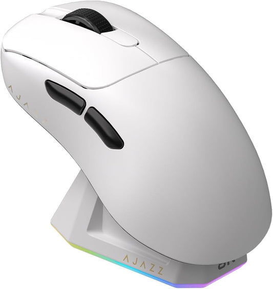 AJ179PRO PAW3395 26000 DPI Gaming Mouse, 8000Hz Polling Rate, 58g Ultra-Light, Tri-Mode (2.4G/Wired/Bluetooth 5.2), Magnetic RGB Charging Dock, Ergonomic Right-Hand Design, White