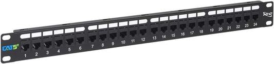 ICC CAT5e Feed-Through Patch Panel, 24 Port, 1U Rackmount, RJ45 Ethernet Patch Panel, No Punch Down, PoE++ and TAA Compliant, Black