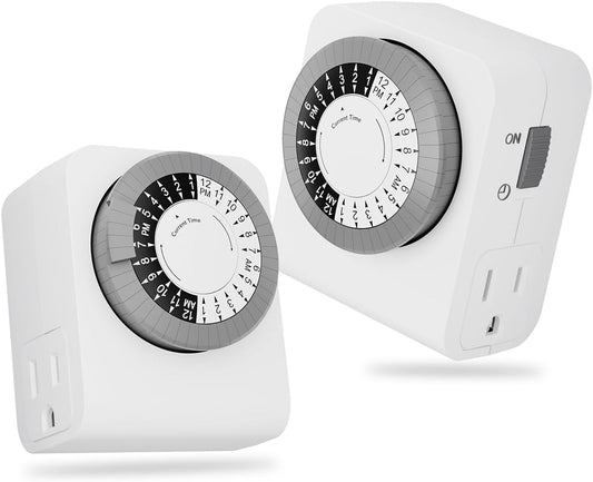 BN-LINK Timer Outlet with 2 Grounded Outlets, Mechanical Light Timers for Electrical Outlets Indoor, 24-Hour 3-Prong Timer Outlet for Lamp, Indoor Lighting and Christmas Lights, 15A/1875W, 2 Pack