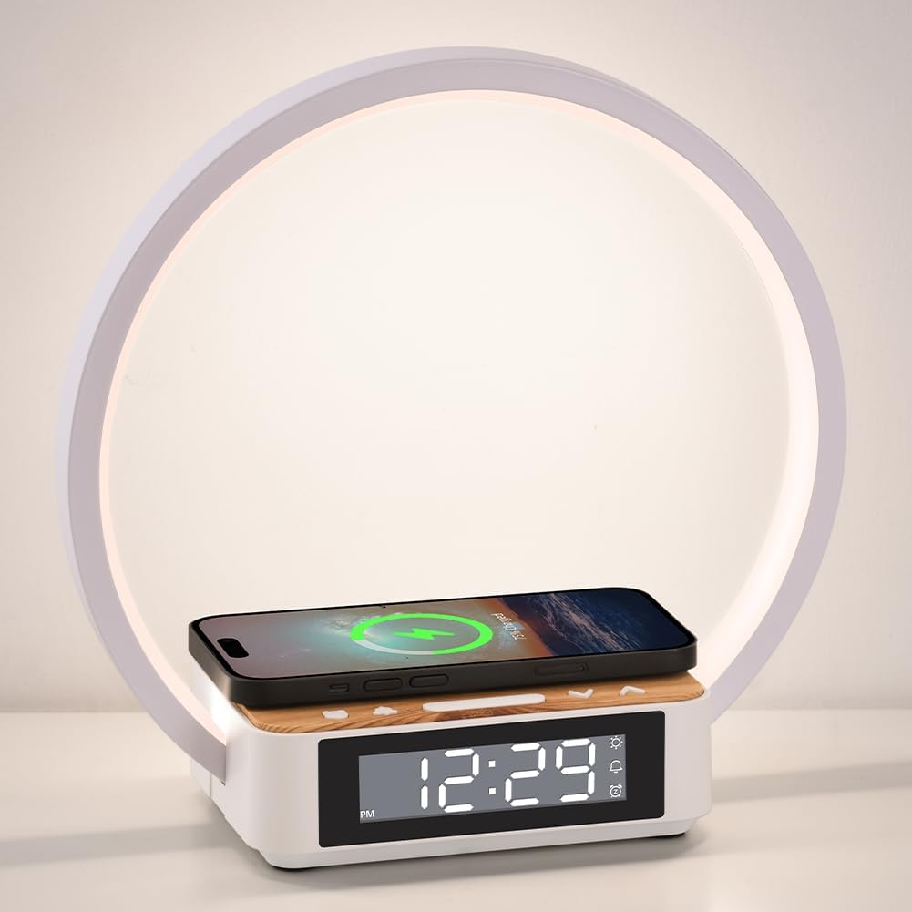 Alarm Clock,Table Lamp with Wireless Charging,Touch Bedside Lamp with 3 Brightness Levels,Snooze,Sunrize Wake-Up Light,Idea Gifts for Women,Men,Teens,Adults